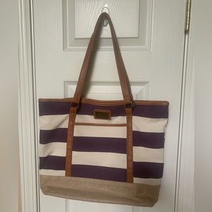 Younique Purple and Tan Canvas Tote Beach Bag Faux Leather Double Straps